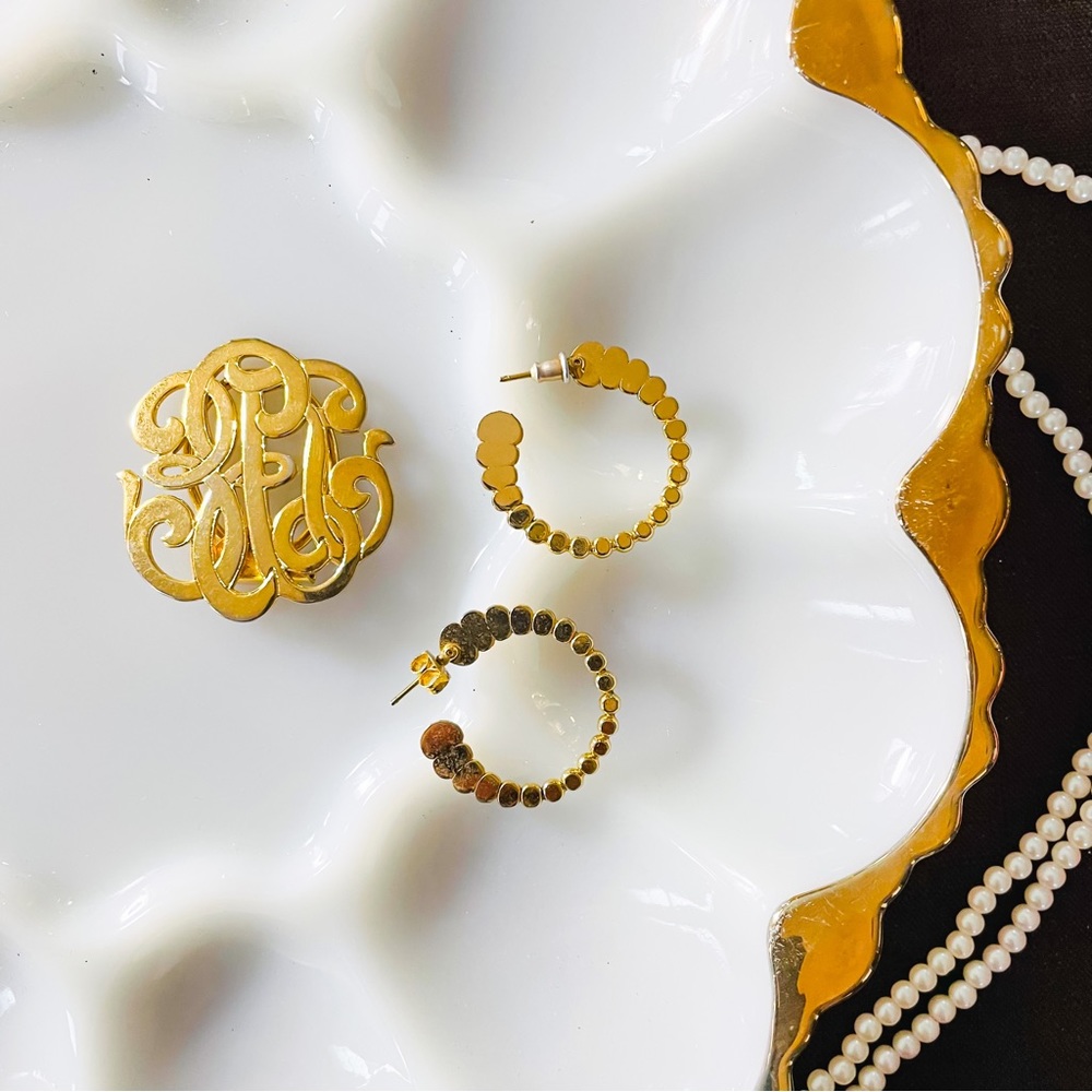 Vintage Gold Plated Hoop Earrings and Clip On Abstract Brooch - 2 Piece Set